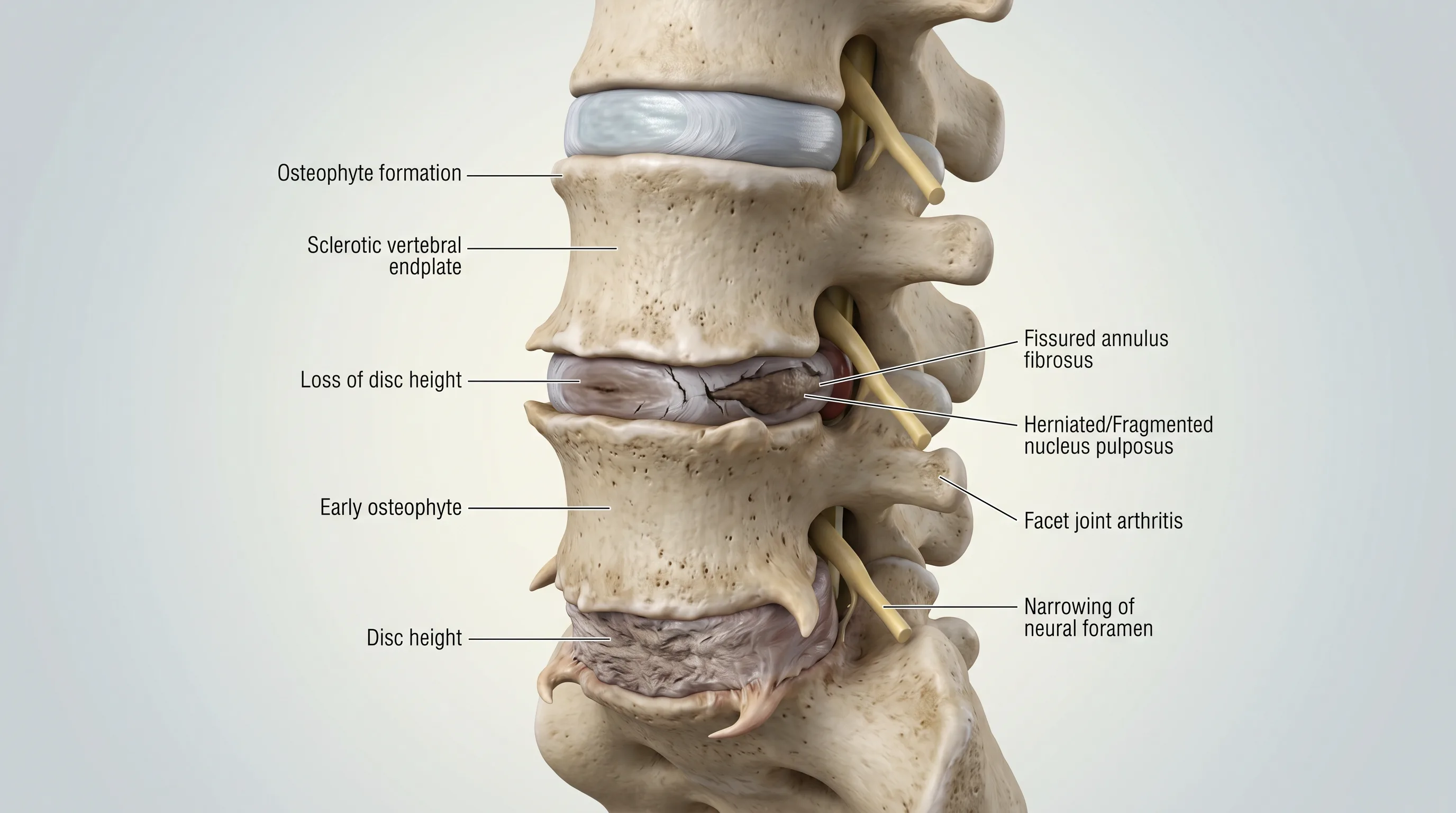 Anatomical illustration of degenerative disc disease showing disc height loss and spinal changes