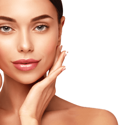 A woman posing with her hands on her face.