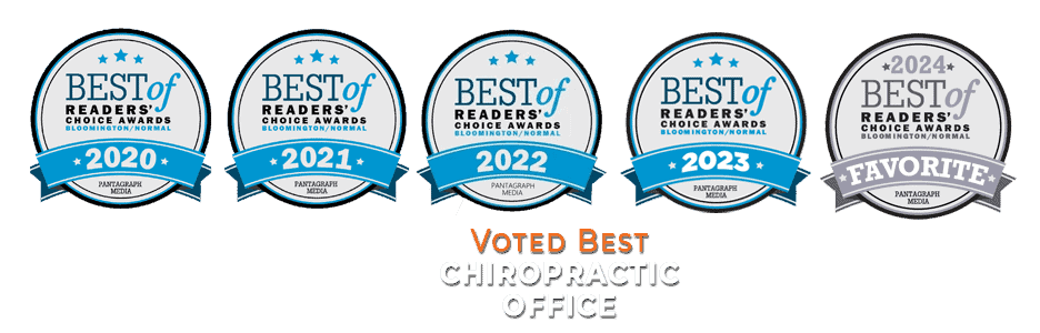 Five award badges from 2020 to 2024 stating "Best of Readers' Choice Awards" with a caption saying "Voted Best Chiropractic Office.