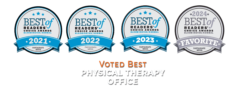 Four award badges from 2021 to 2024 for "Best of Readers' Choice Awards" in physical therapy, presented by Pantagraph Media.